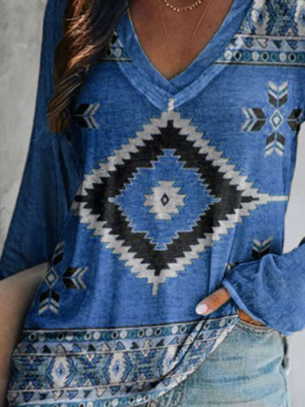 Full Size Geometric V-Neck Long Sleeve T-Shirt product image 3