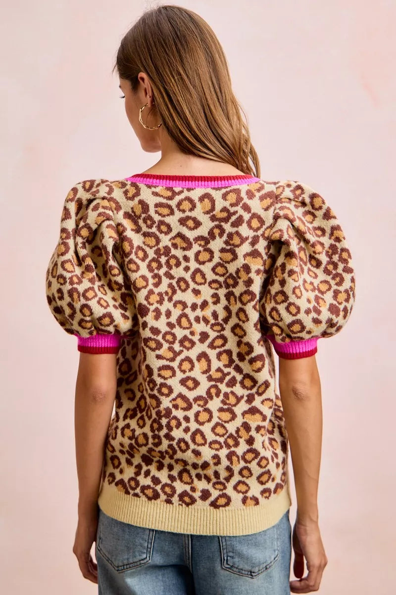 Leopard Pattern Puff Sleeve V-neck Sweater Top