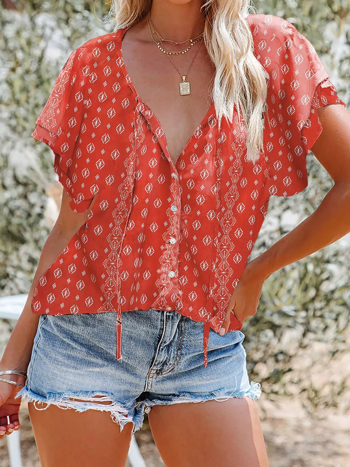 Full Size Floral Print V-Neck Shirt product image 12