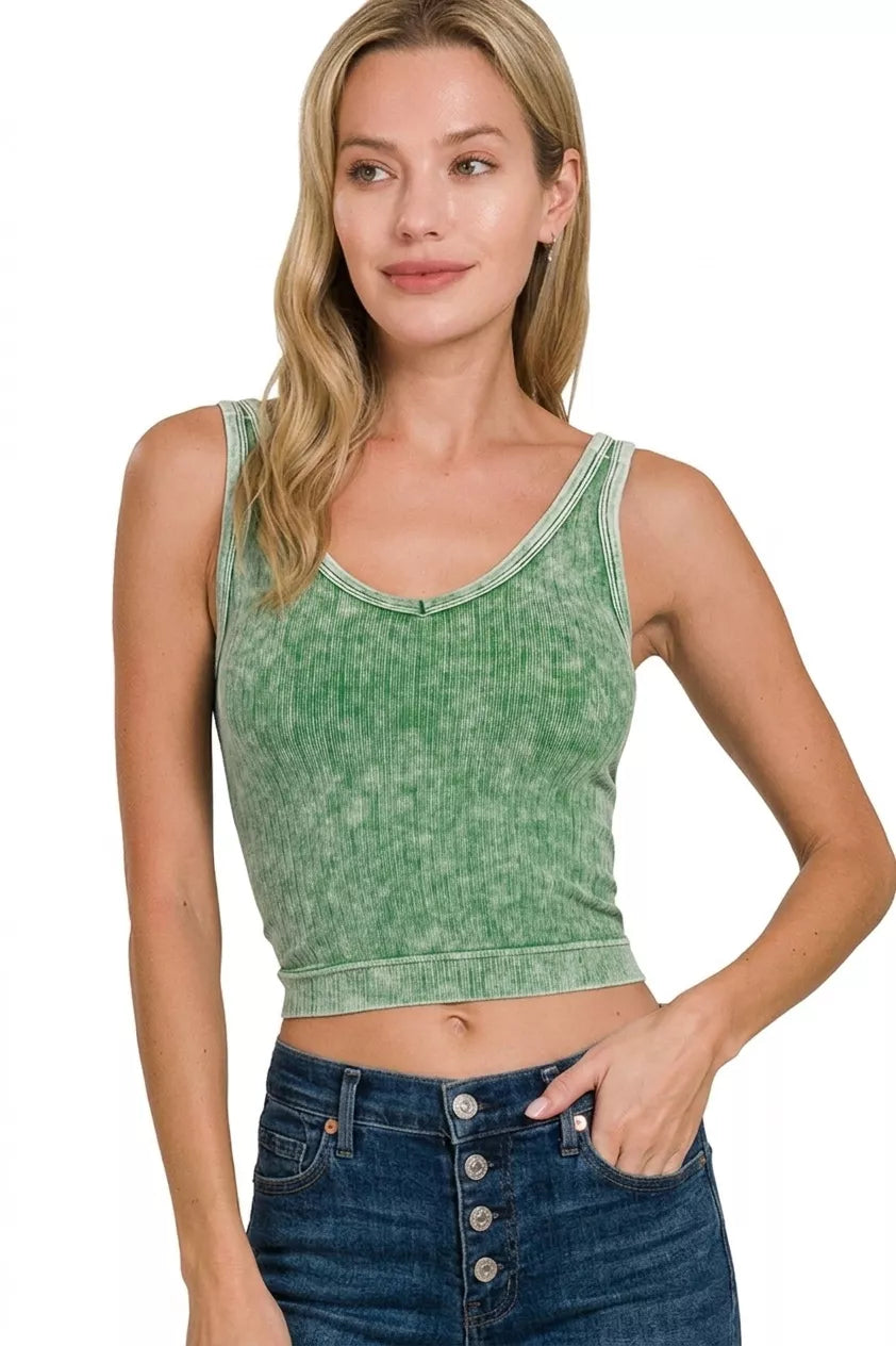 Washed Ribbed Seamless Cropped V-neck Tank Top