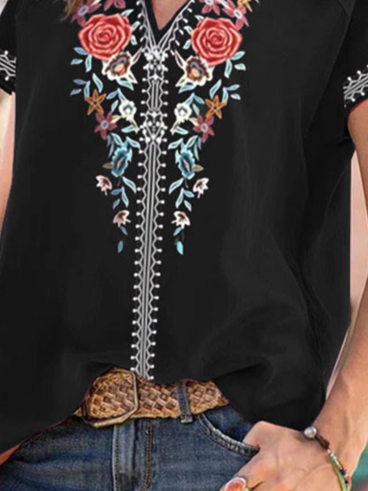 Full Size Floral Notched Short Sleeve Blouse