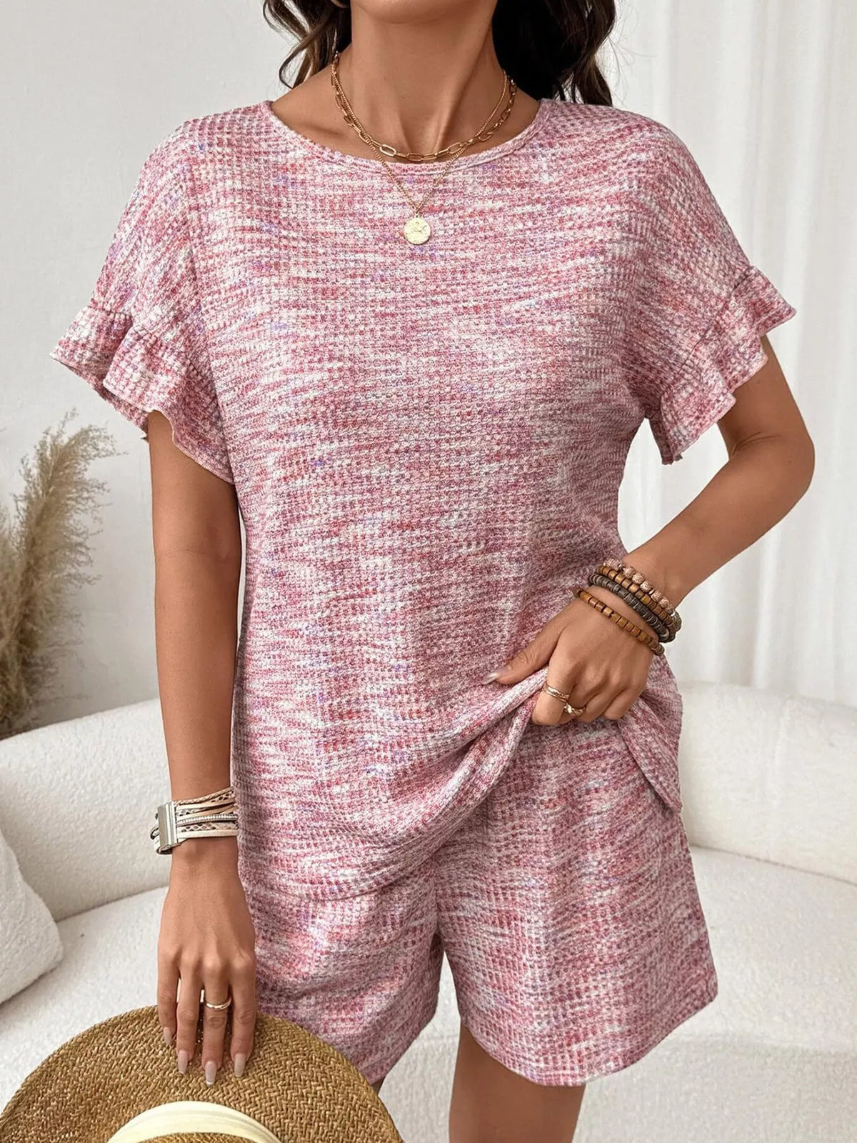 Ruffle Sleeve Textured Top and Shorts Set product image 3