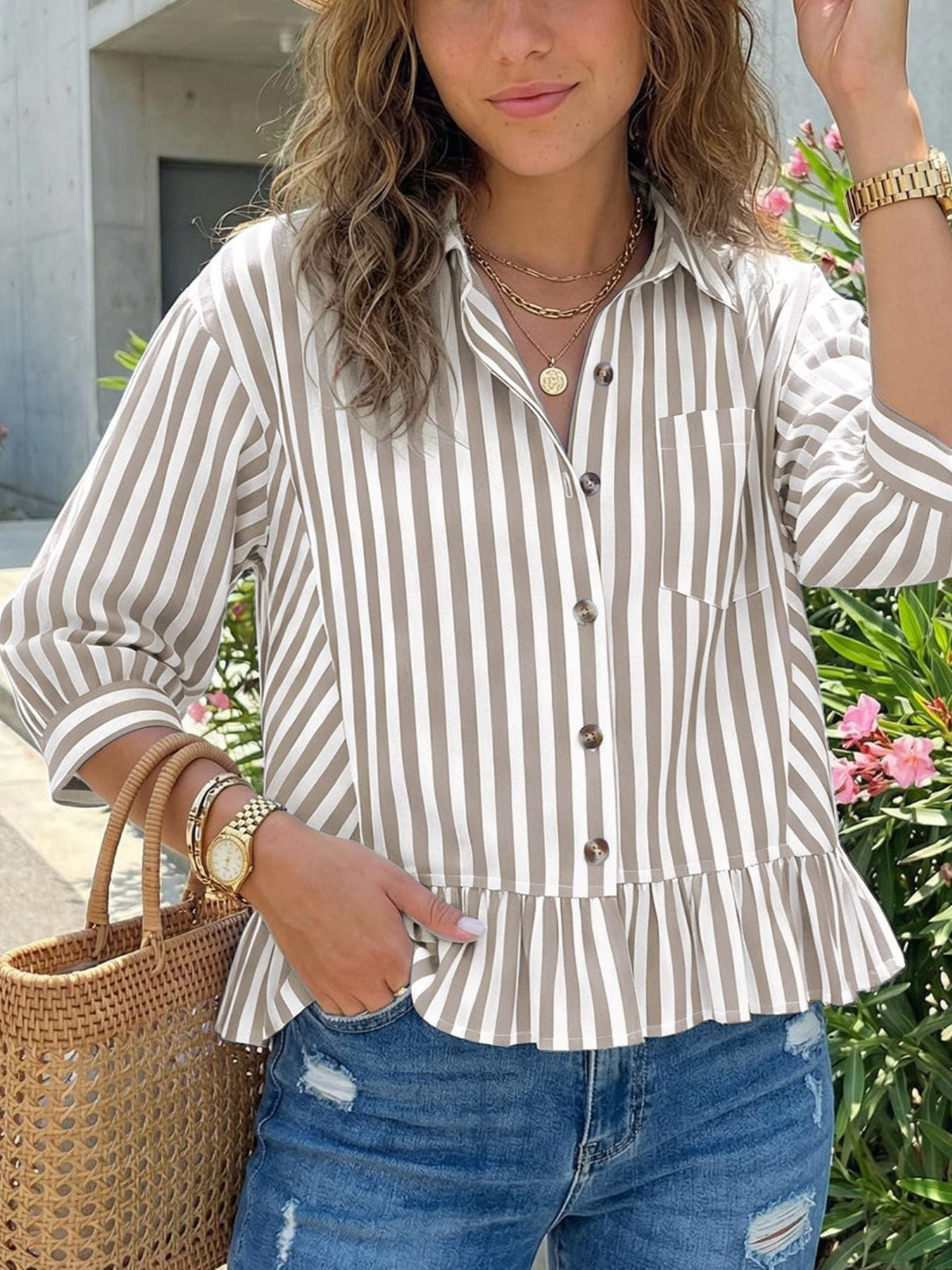 Striped Ruffle Hem Button-Down Shirt product image 19