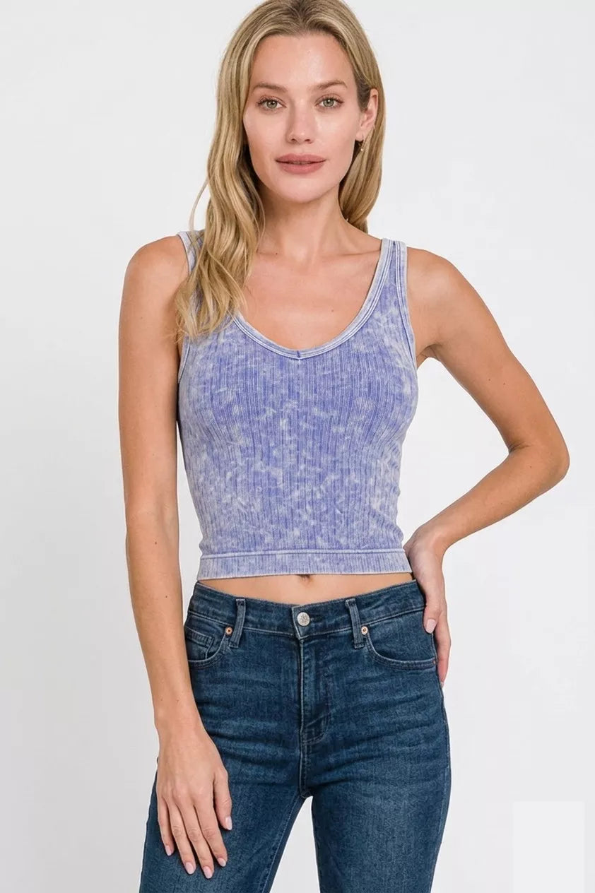 Washed Ribbed Seamless Cropped V-neck Tank Top