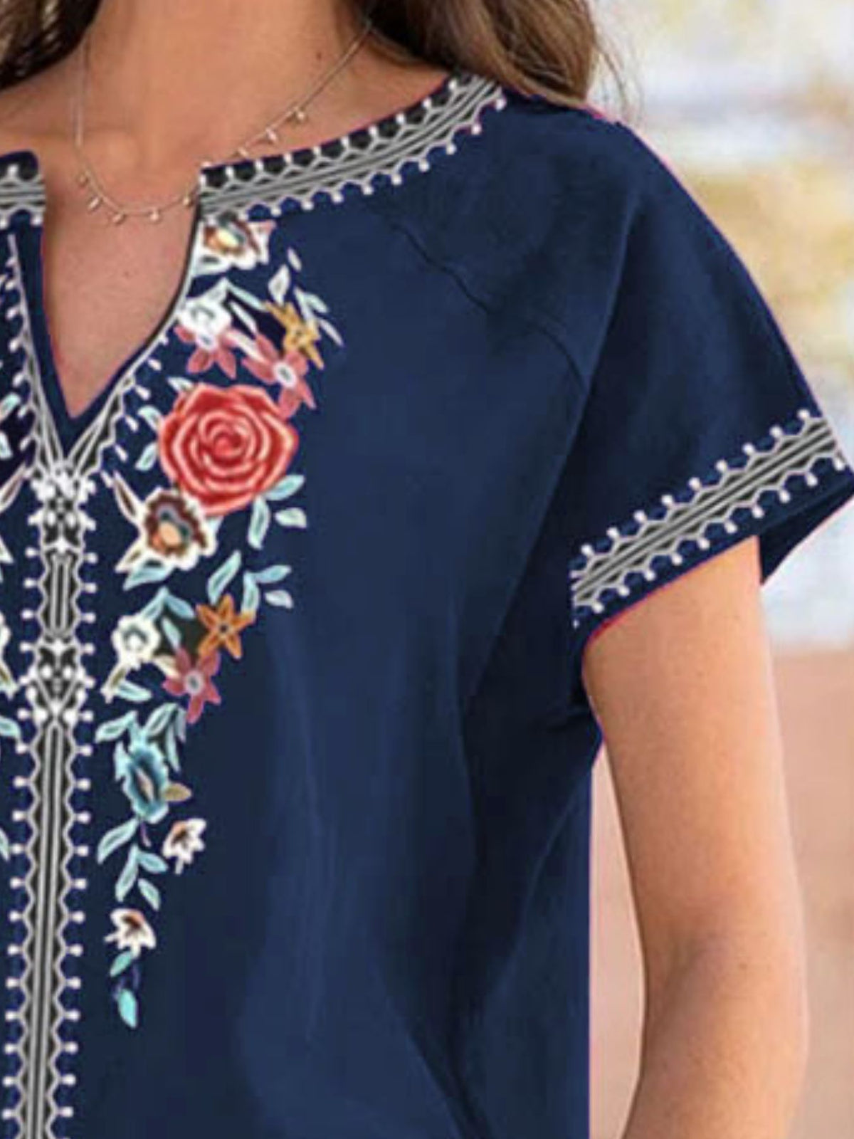 Full Size Floral Notched Short Sleeve Blouse