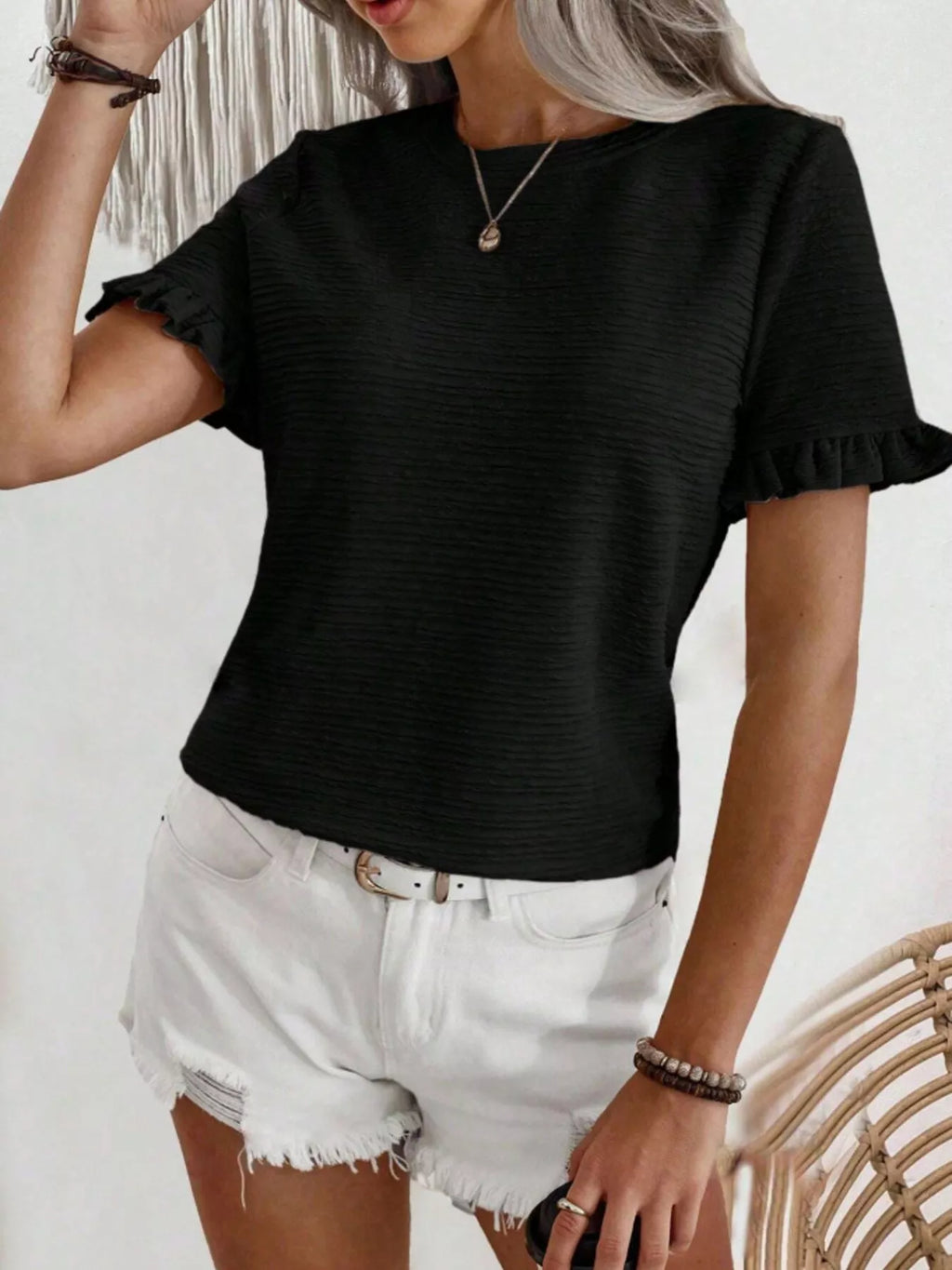 Textured Ruffle Sleeve Round Neck T-Shirt product image 22
