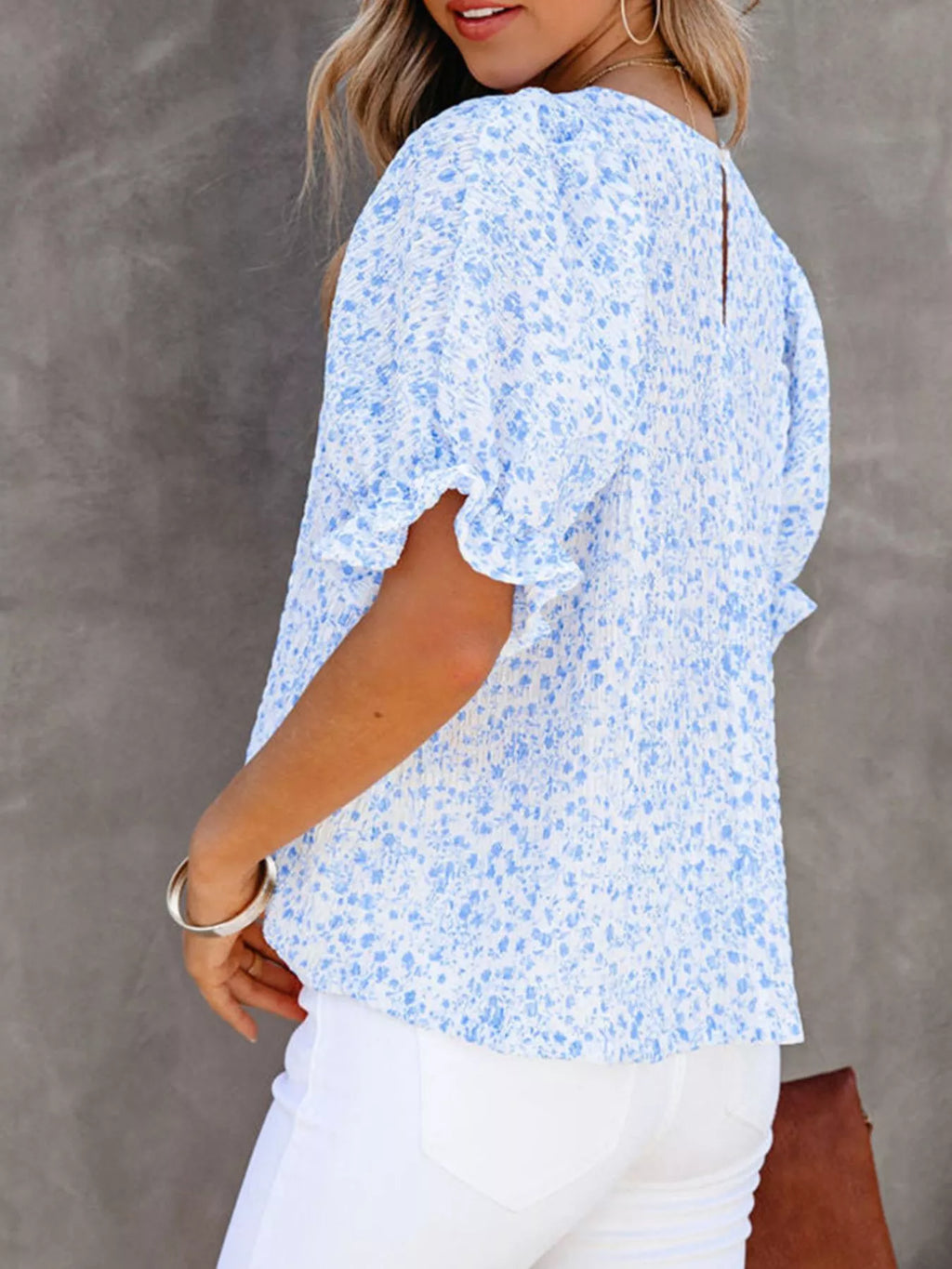 Full Size Floral Print Ruffle Sleeve Blouse