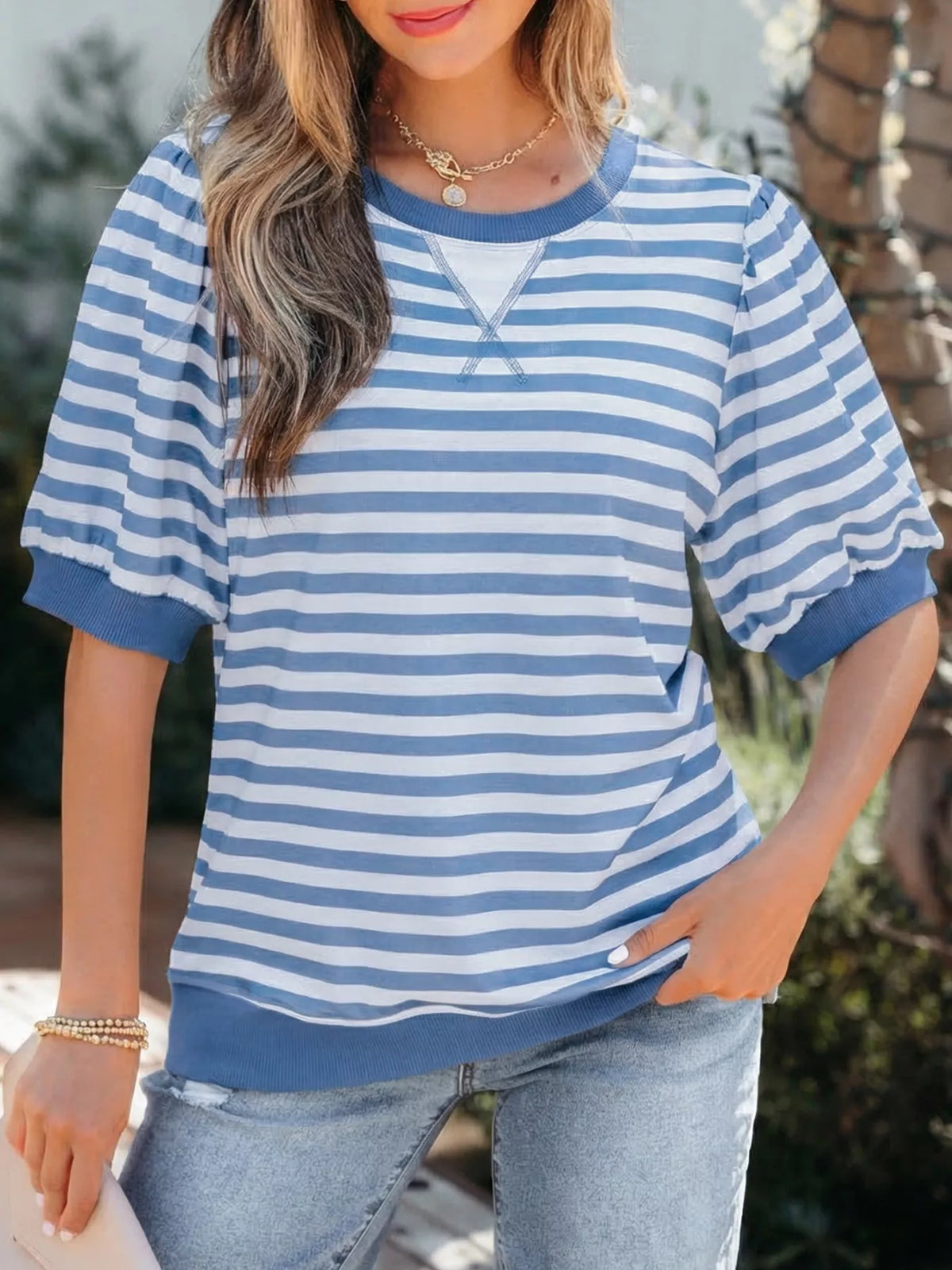 Stripe Short Bubble Sleeve T Shirt product image 1