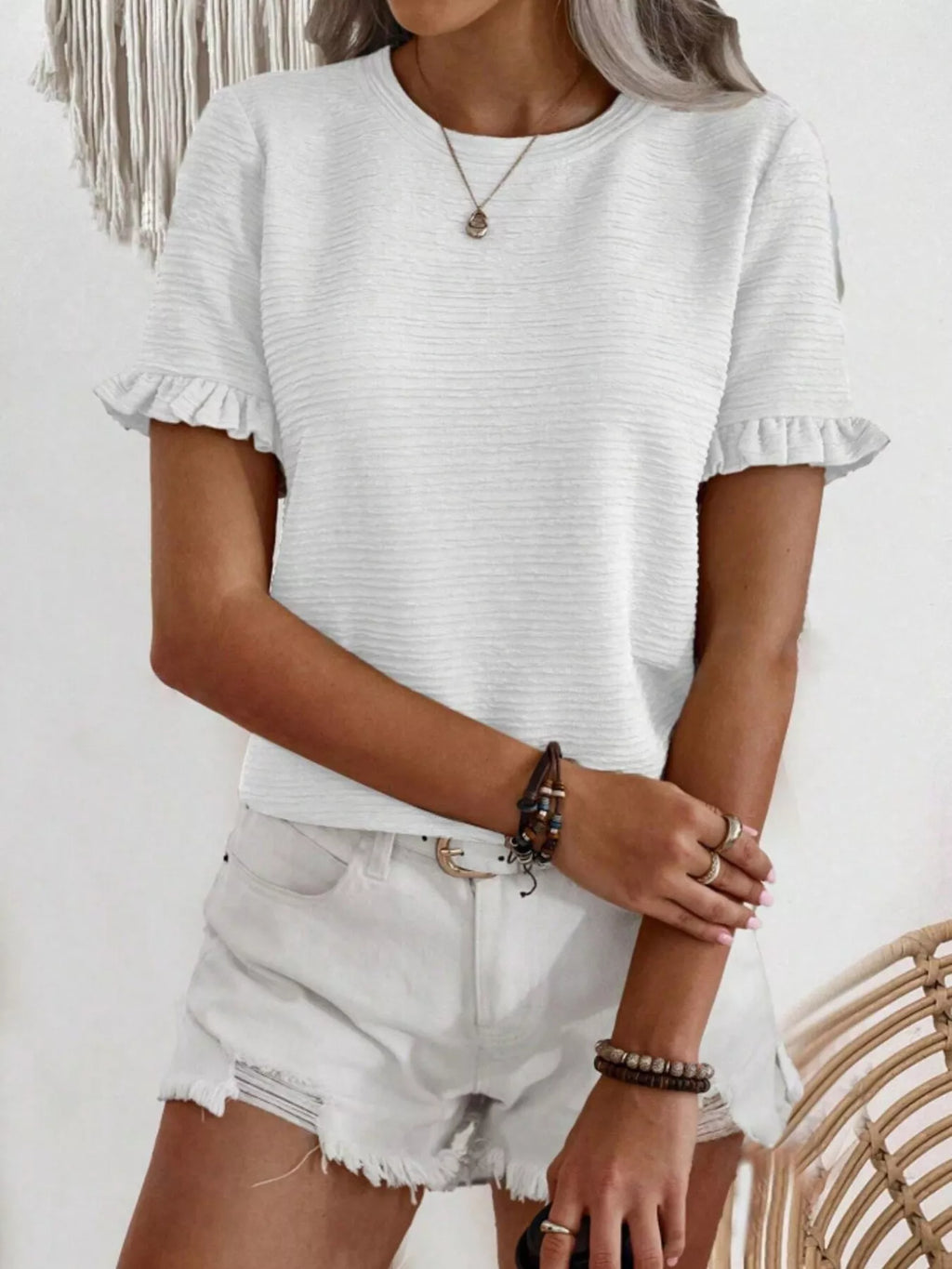 Textured Ruffle Sleeve Round Neck T-Shirt product image 27