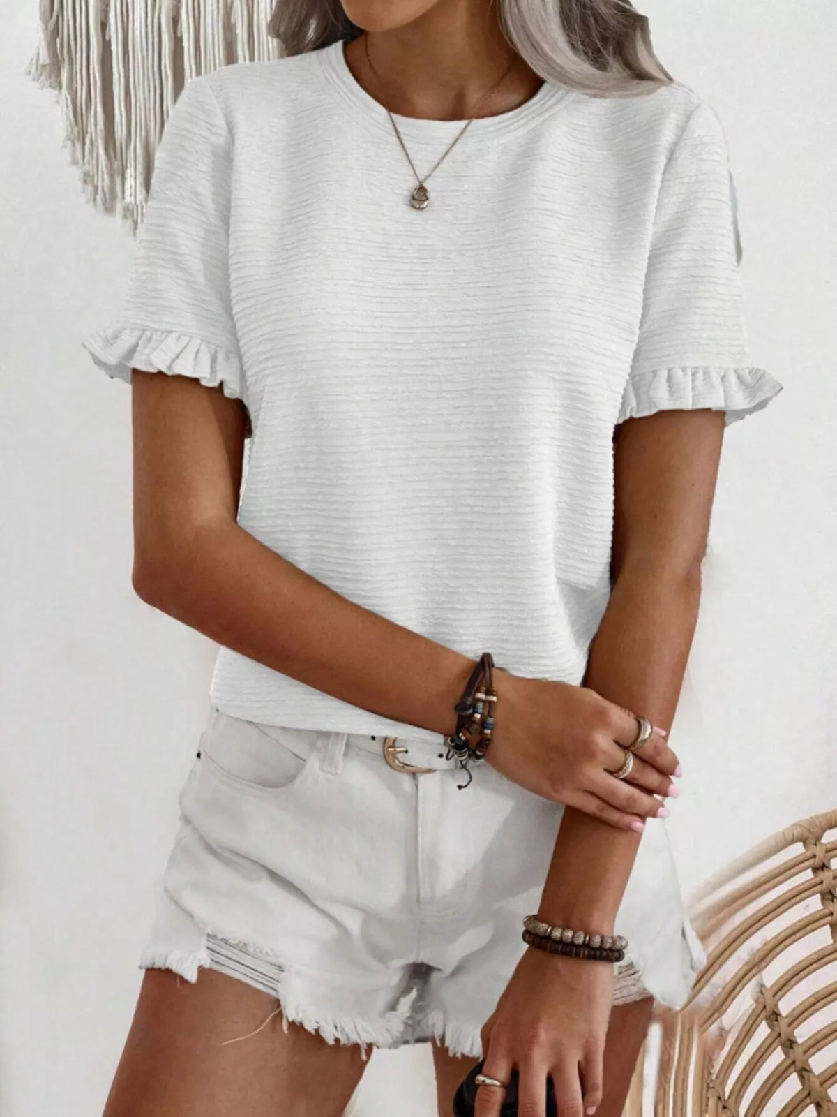 Textured Ruffle Sleeve Round Neck T-Shirt product image 27