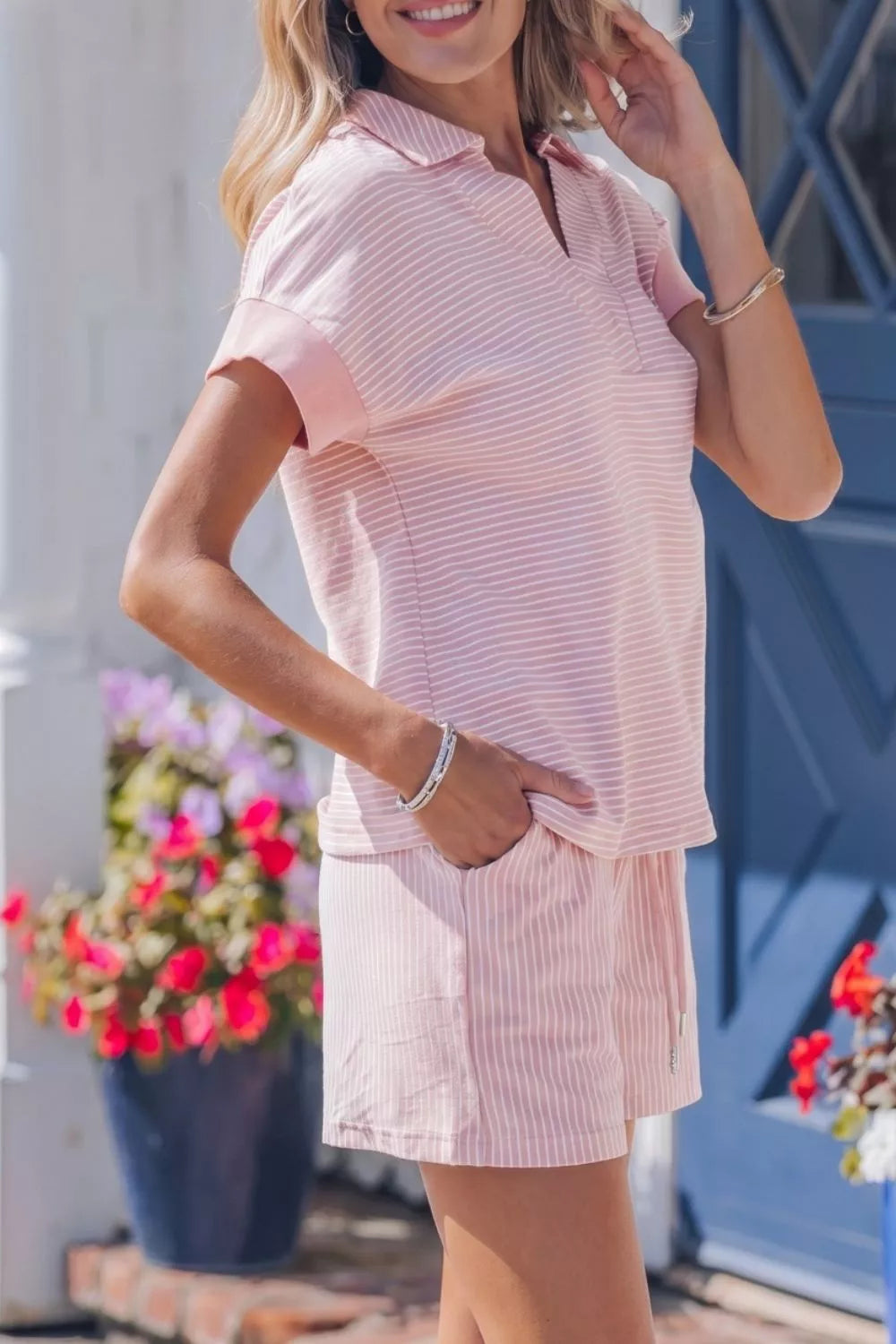 Stripe Dolman Sleeve Polo Shirt and Drawstring Shorts Set product image 4