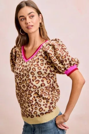 Leopard Pattern Puff Sleeve V-neck Sweater Top