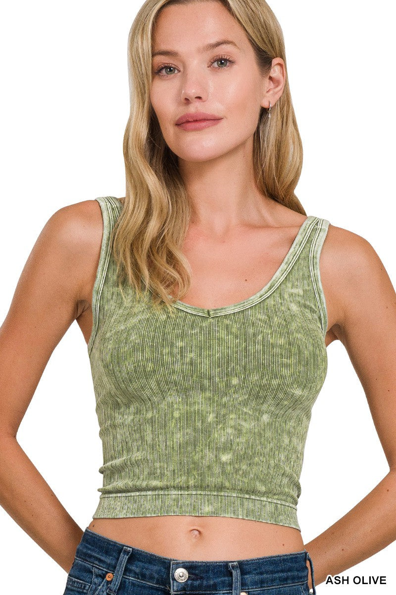 Washed Ribbed Seamless Cropped V-neck Tank Top