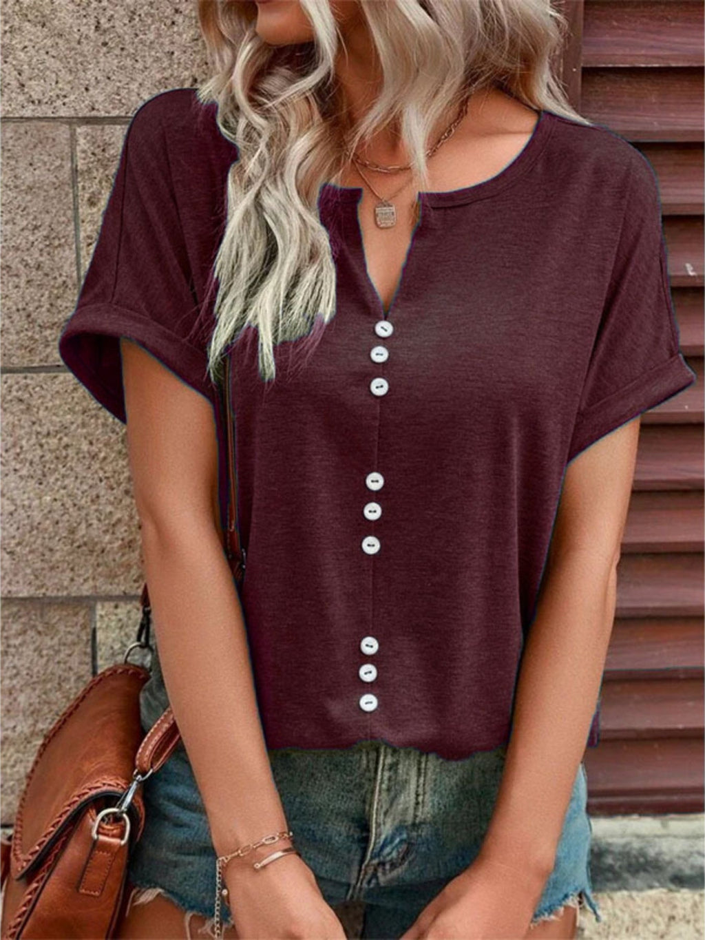Full Size Decor Button Short Sleeve T-Shirt product image 7