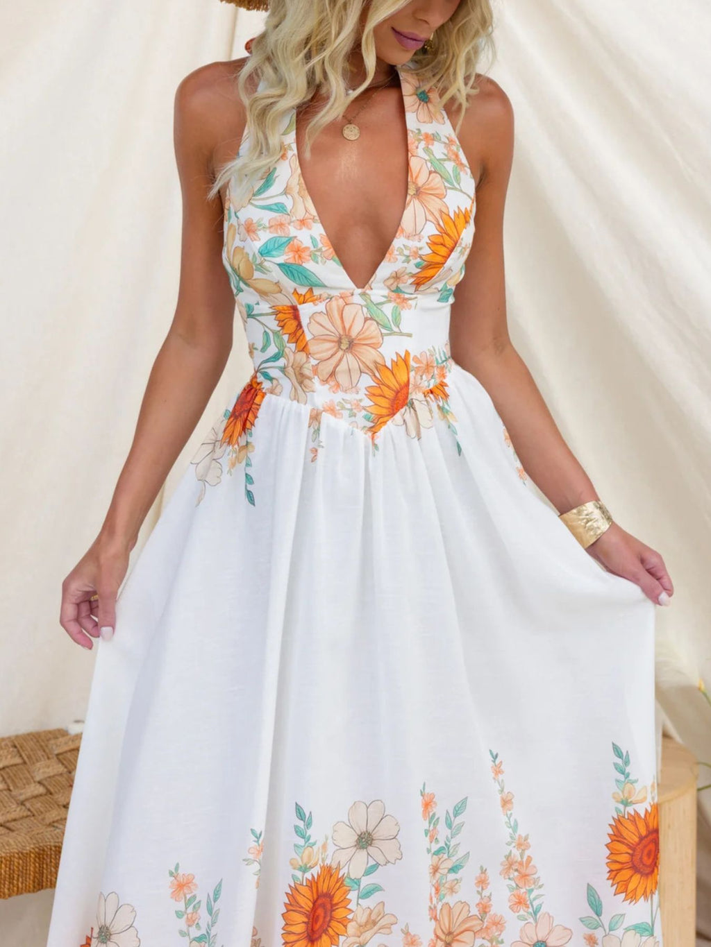 Floral Print Halter Neck Maxi Dress