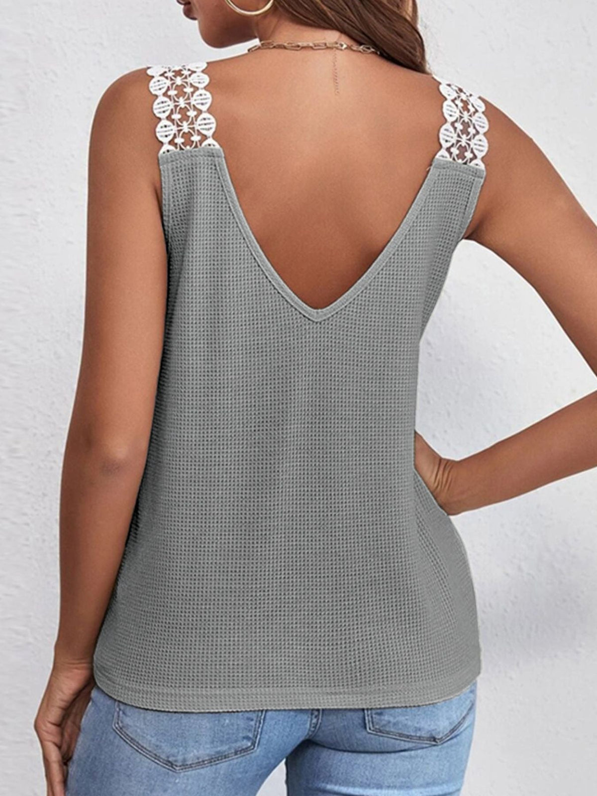 Full Size Lace Trim V-Neck Waffle Knit Tank