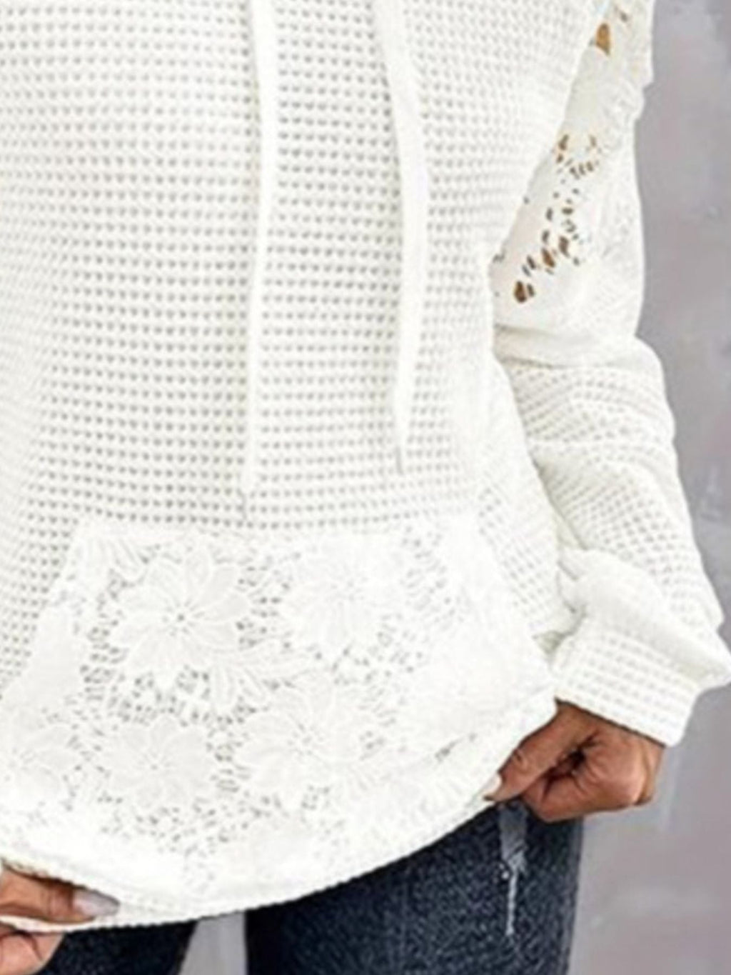 Full Size Lace Trim Waffle Knit Hoodie product image 3