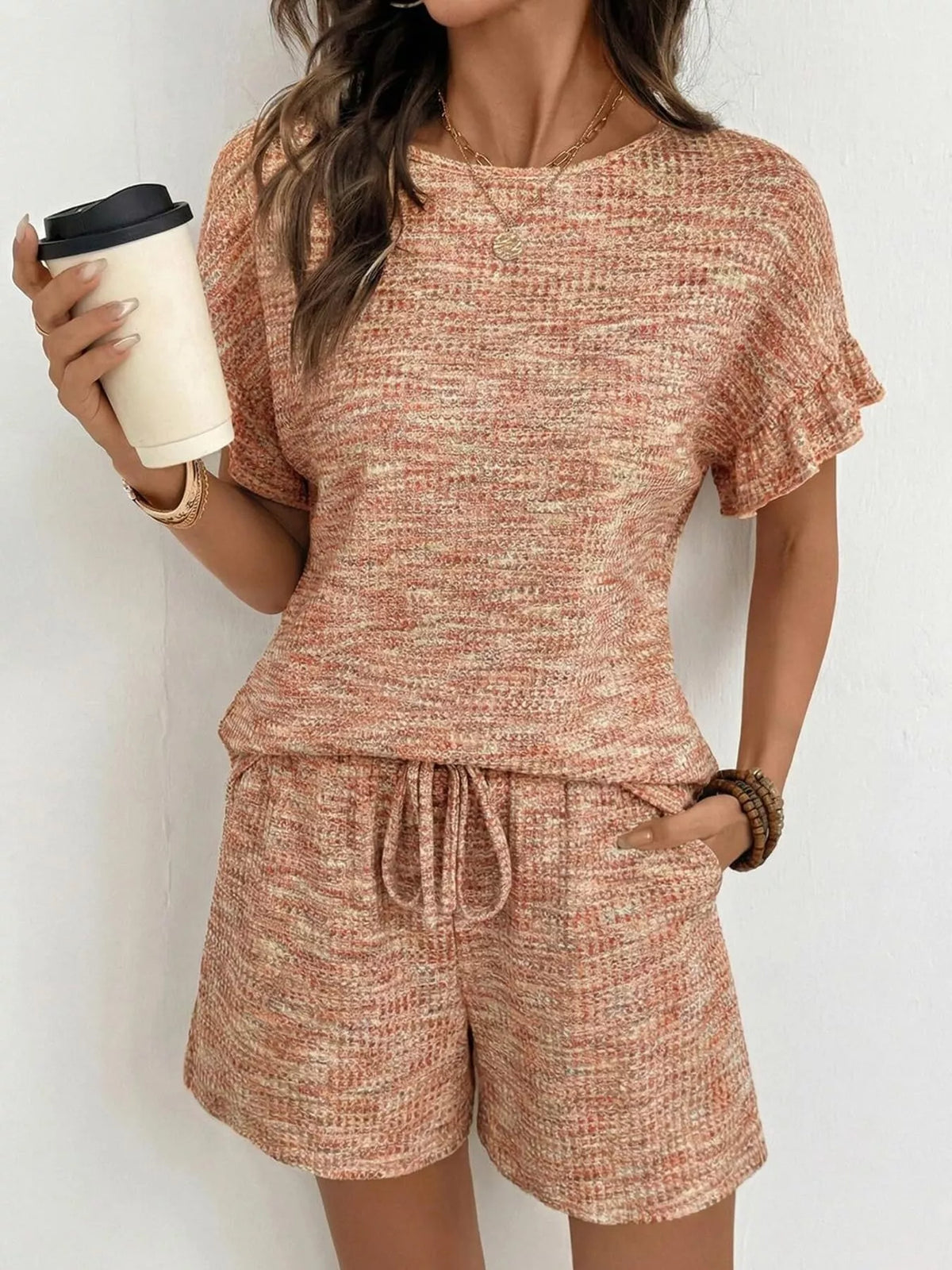 Ruffle Sleeve Textured Top and Shorts Set product image 19