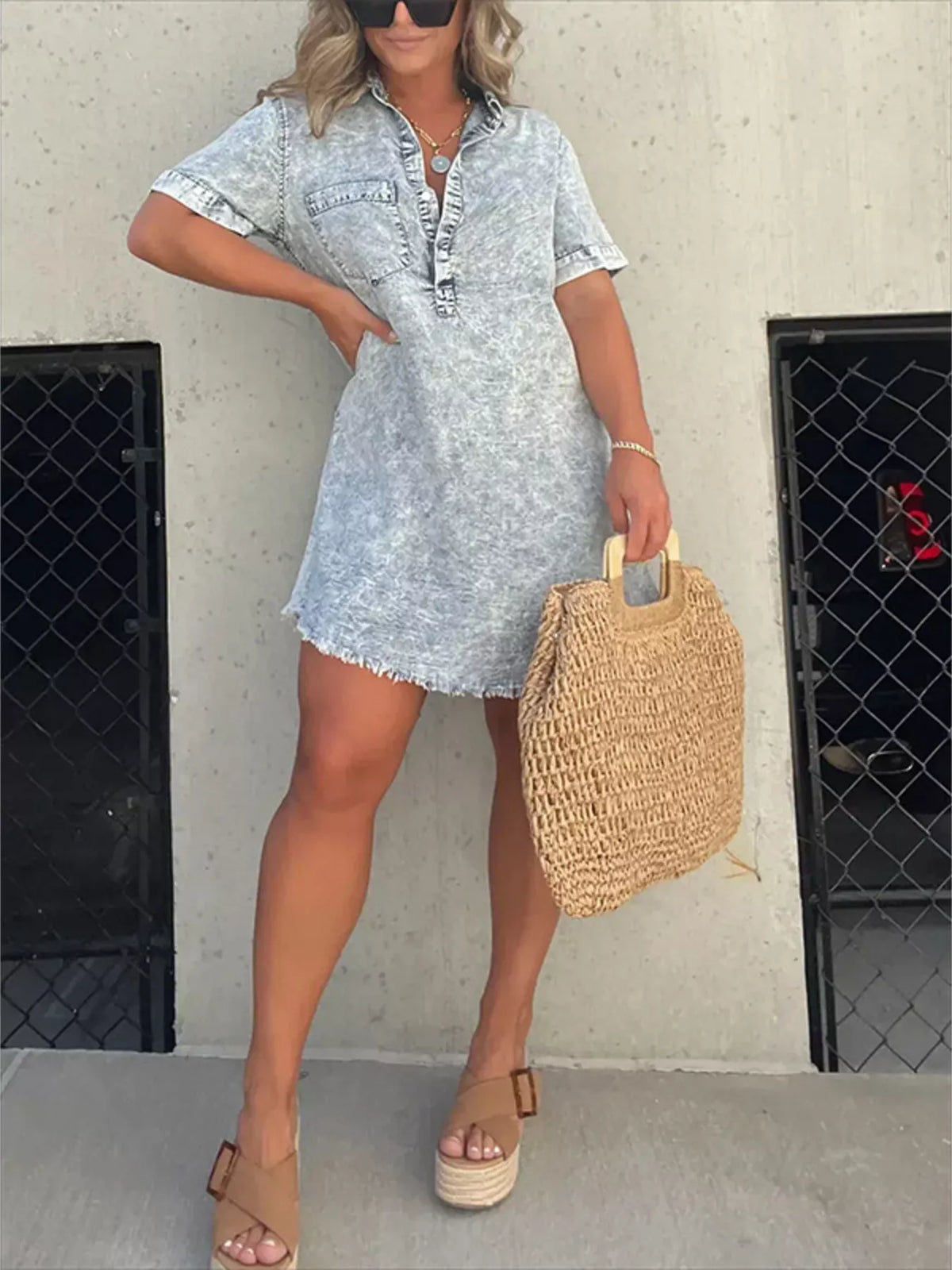 Full Size Raw Hem Short Sleeve Dress