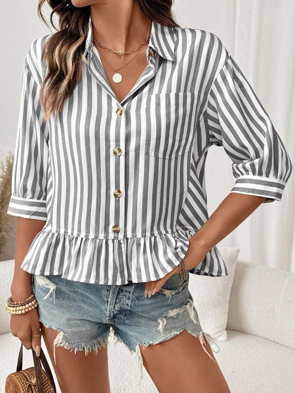 Striped Ruffle Hem Button-Down Shirt product image 10
