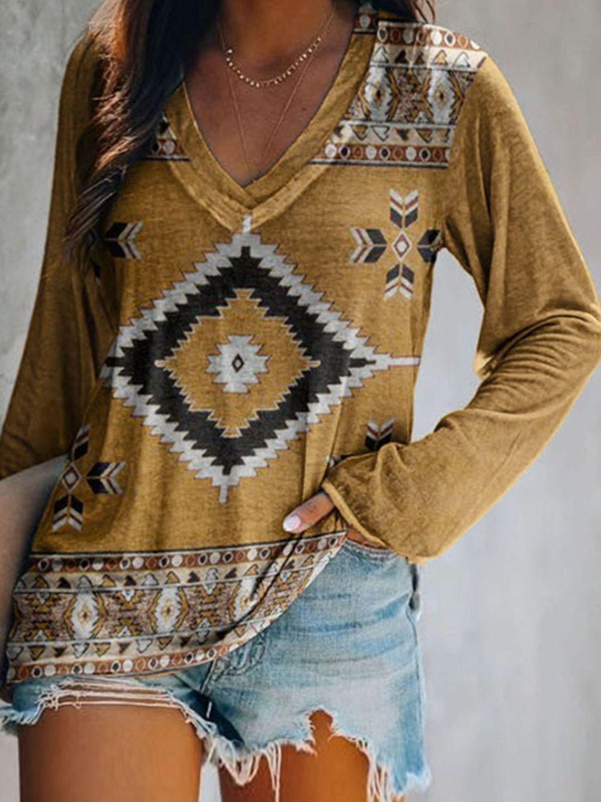 Full Size Geometric V-Neck Long Sleeve T-Shirt product image 16