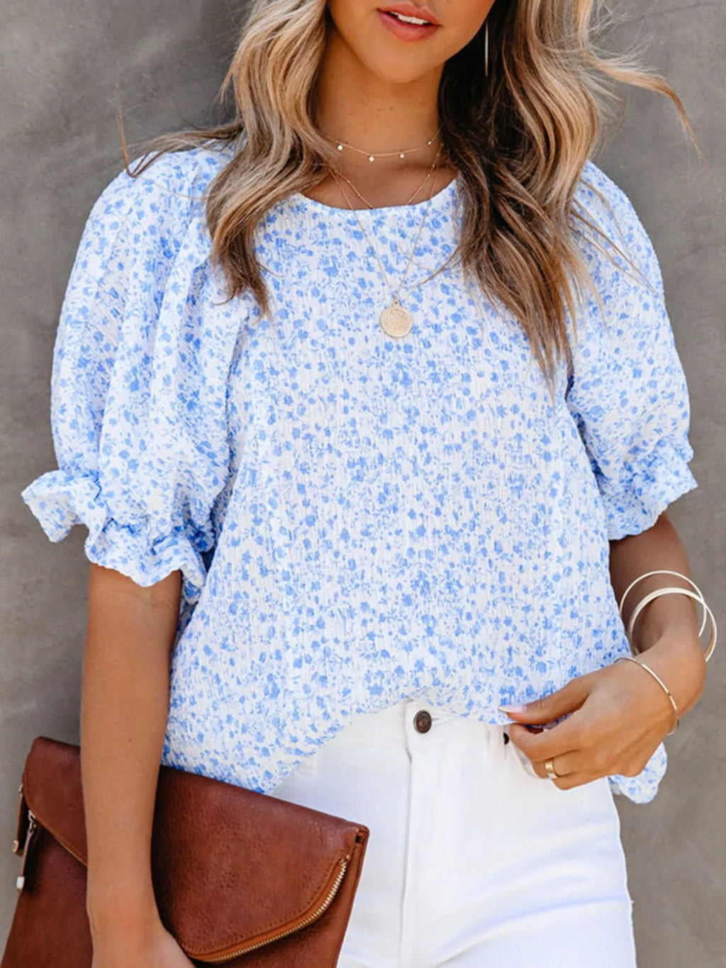 Full Size Floral Print Ruffle Sleeve Blouse