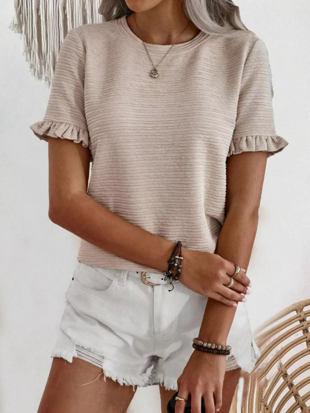 Textured Ruffle Sleeve Round Neck T-Shirt product image 19