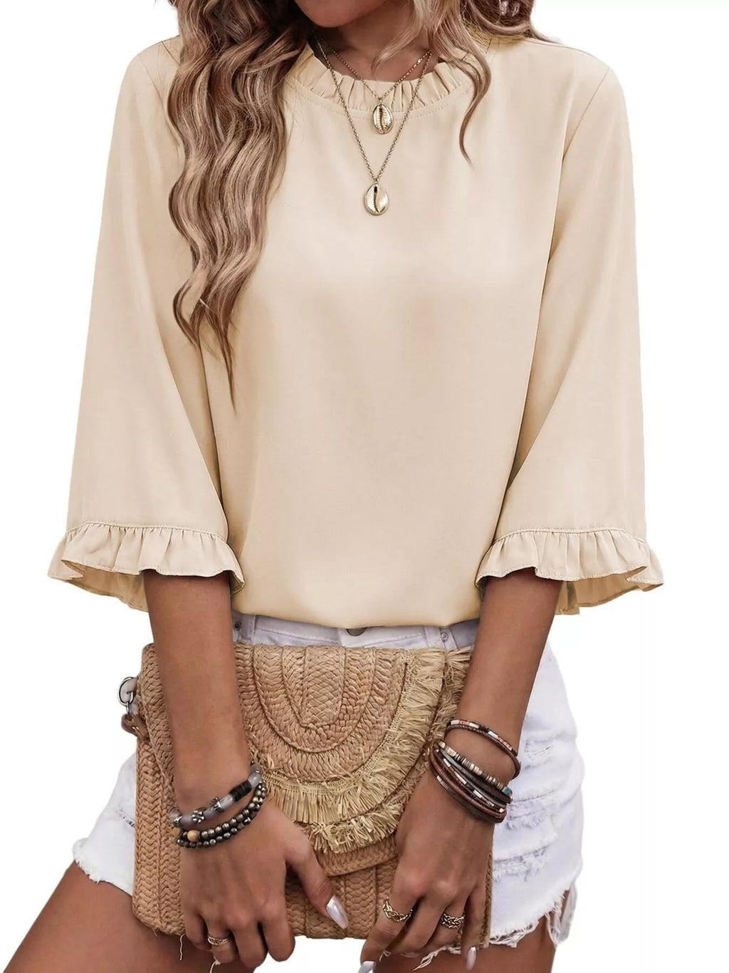 Ruffle Trim Half Sleeve Blouse