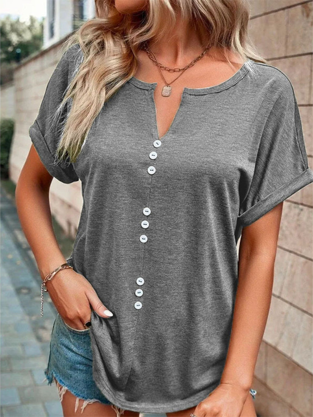 Full Size Decor Button Short Sleeve T-Shirt product image 10