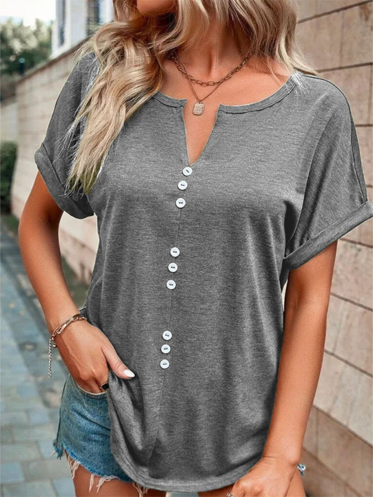 Full Size Decor Button Short Sleeve T-Shirt product image 10