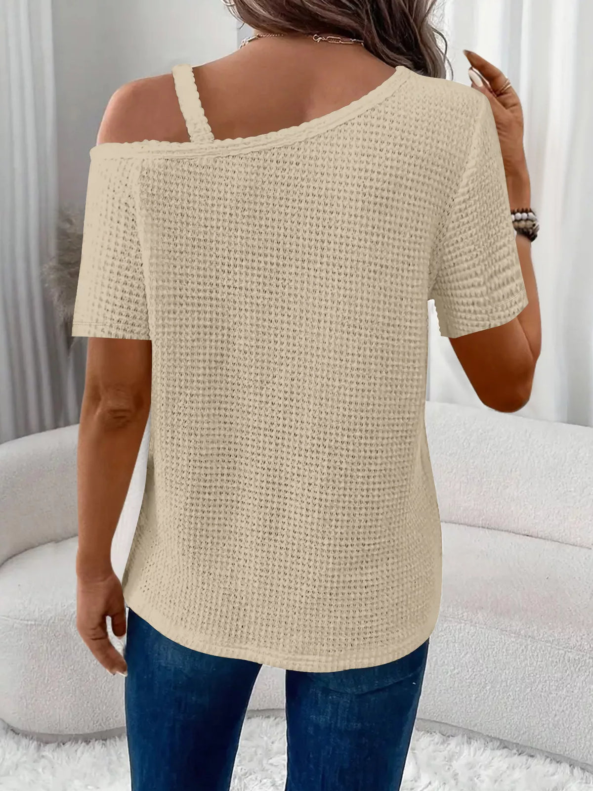 One-Shoulder Chain Detail Waffle Knit T-Shirt product image 4