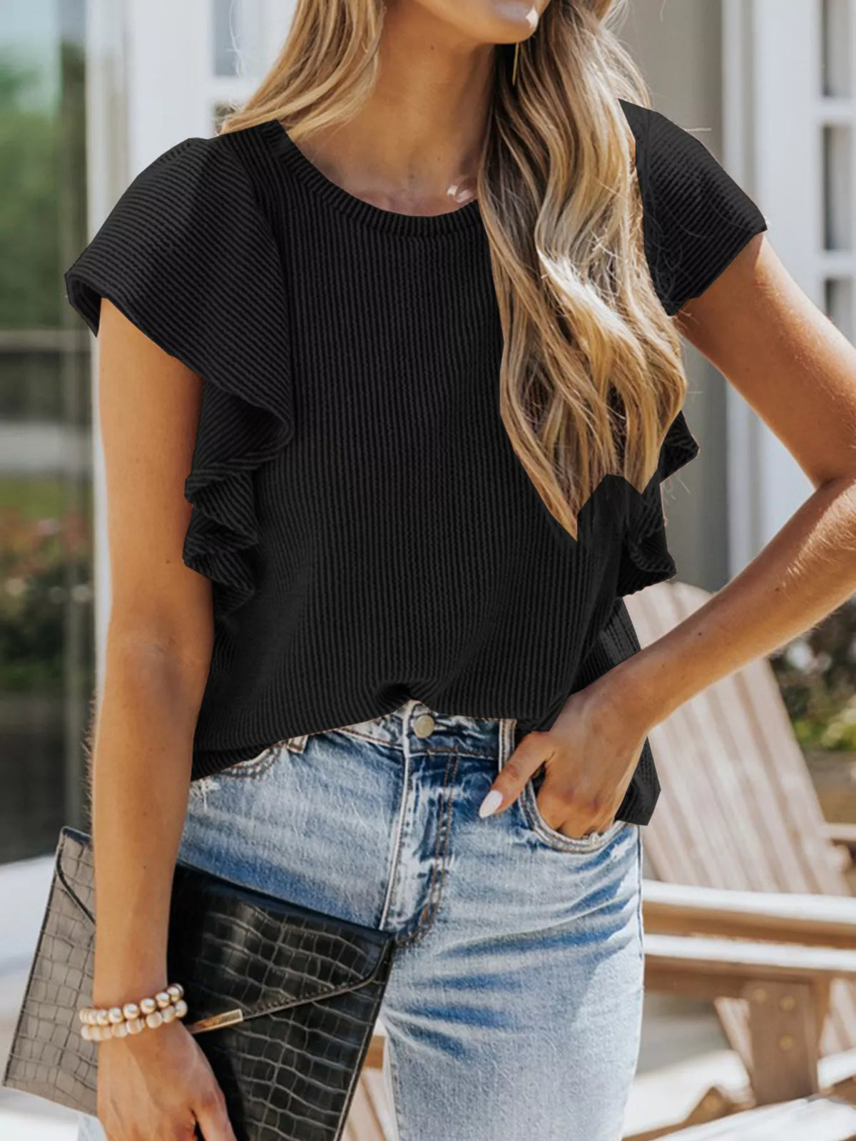 Full Size Ruffled Sleeve Ribbed Knit T-Shirt product image 11