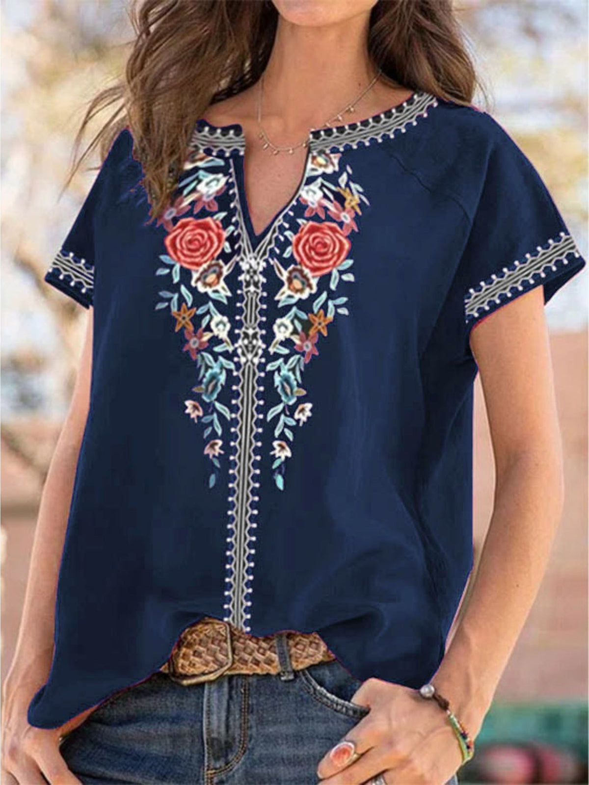 Full Size Floral Notched Short Sleeve Blouse