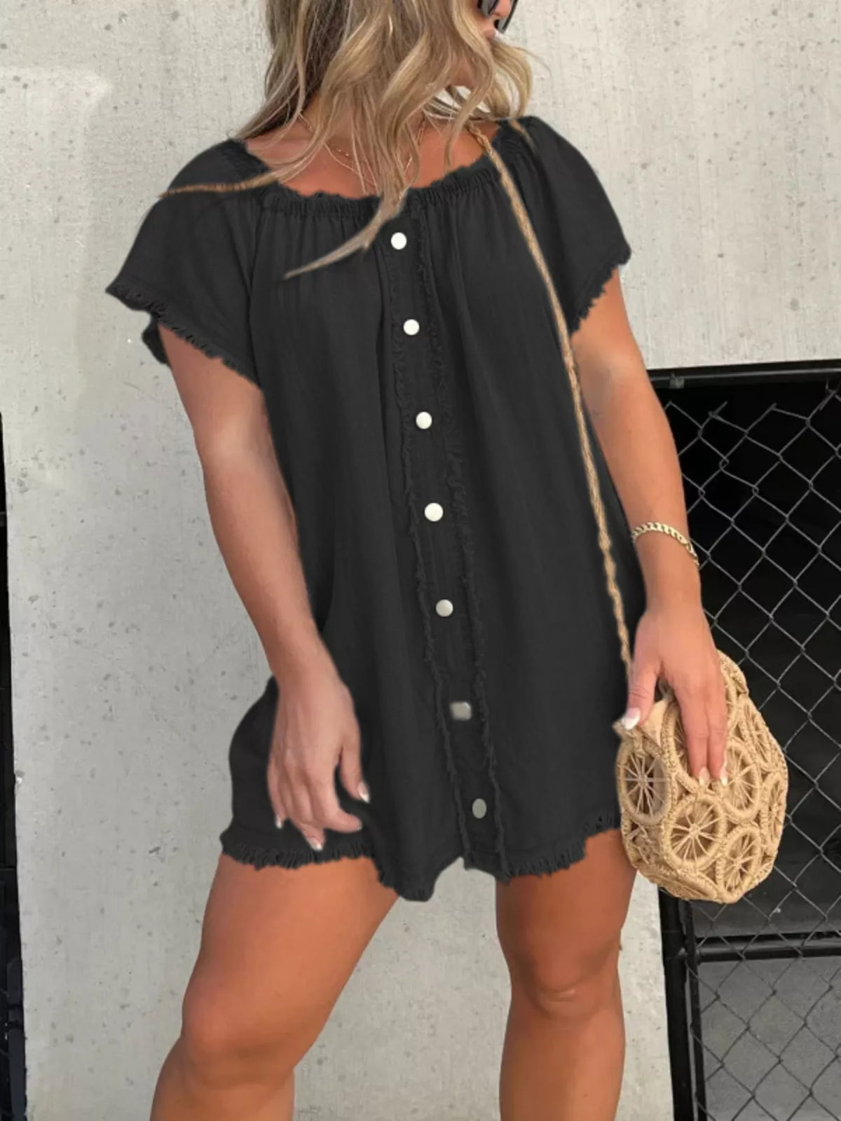 Full Size Off-Shoulder Button-Down Frayed Denim Dress