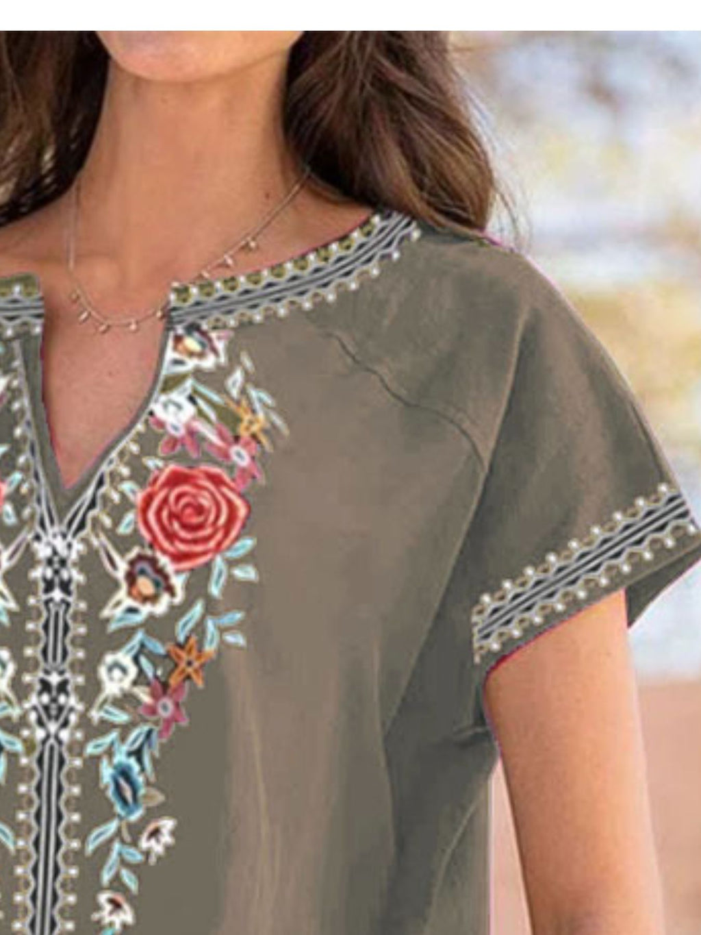 Full Size Floral Notched Short Sleeve Blouse