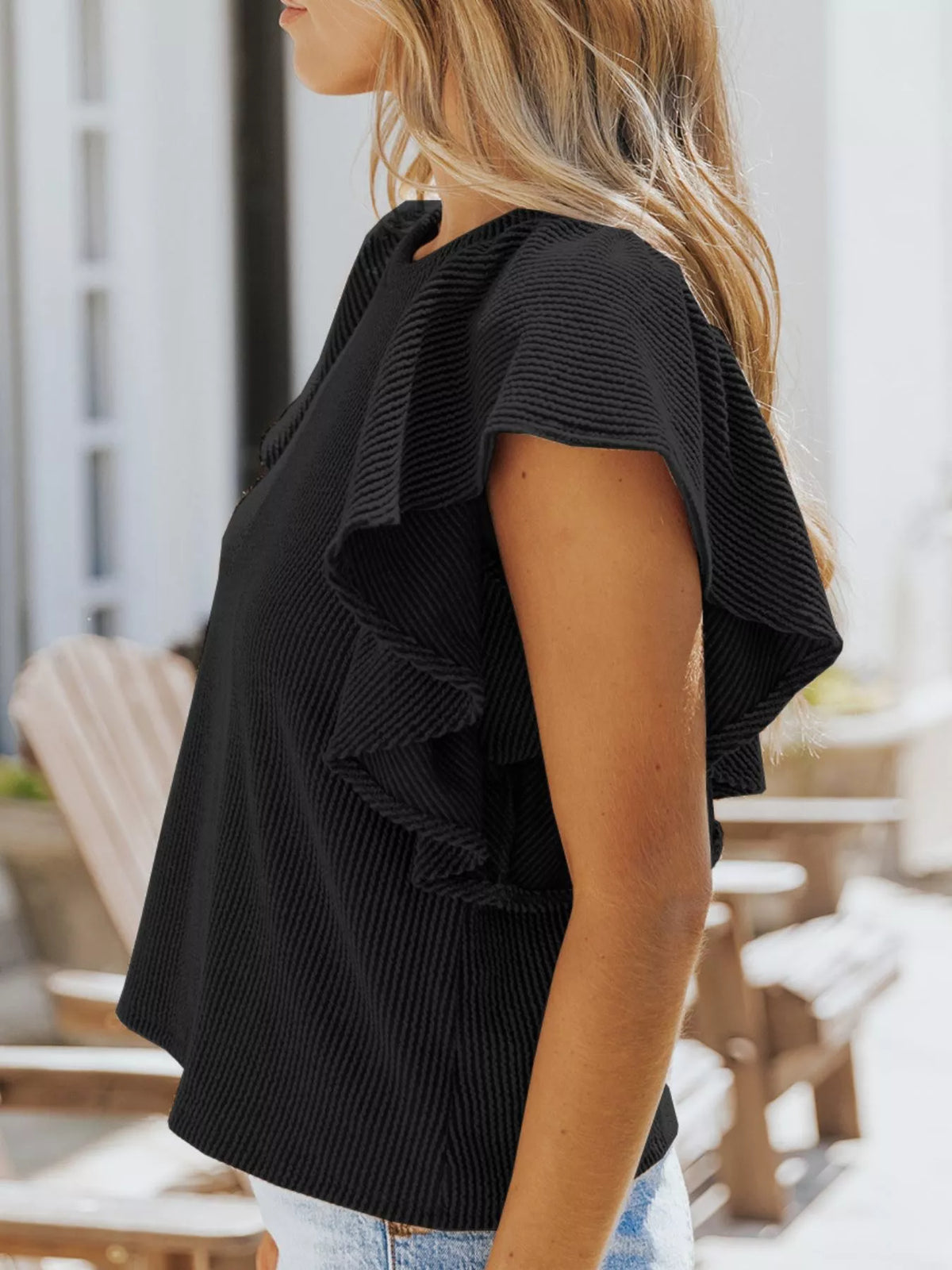 Full Size Ruffled Sleeve Ribbed Knit T-Shirt product image 12