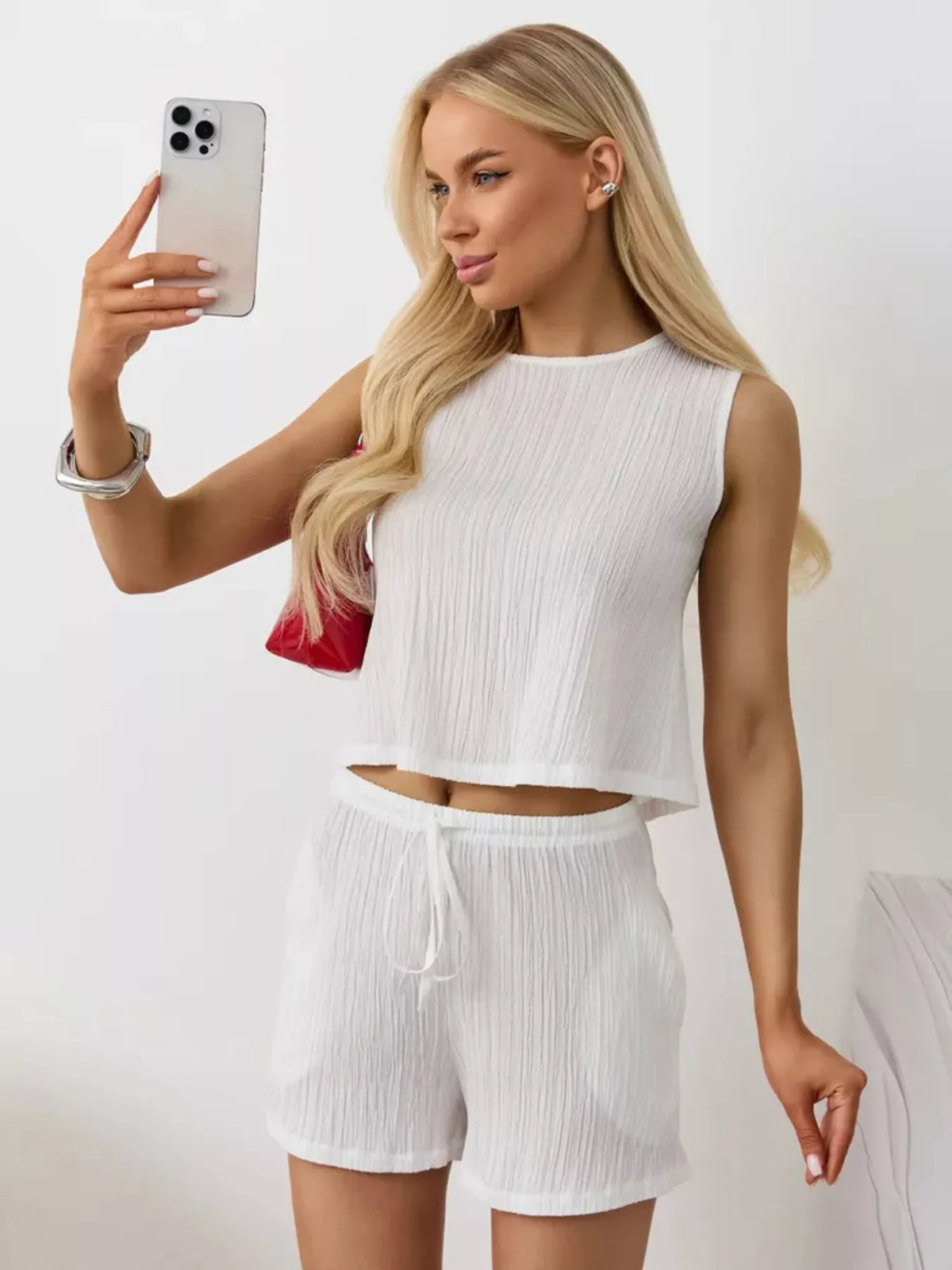 Textured Round Neck Tank and Shorts Set product image 4