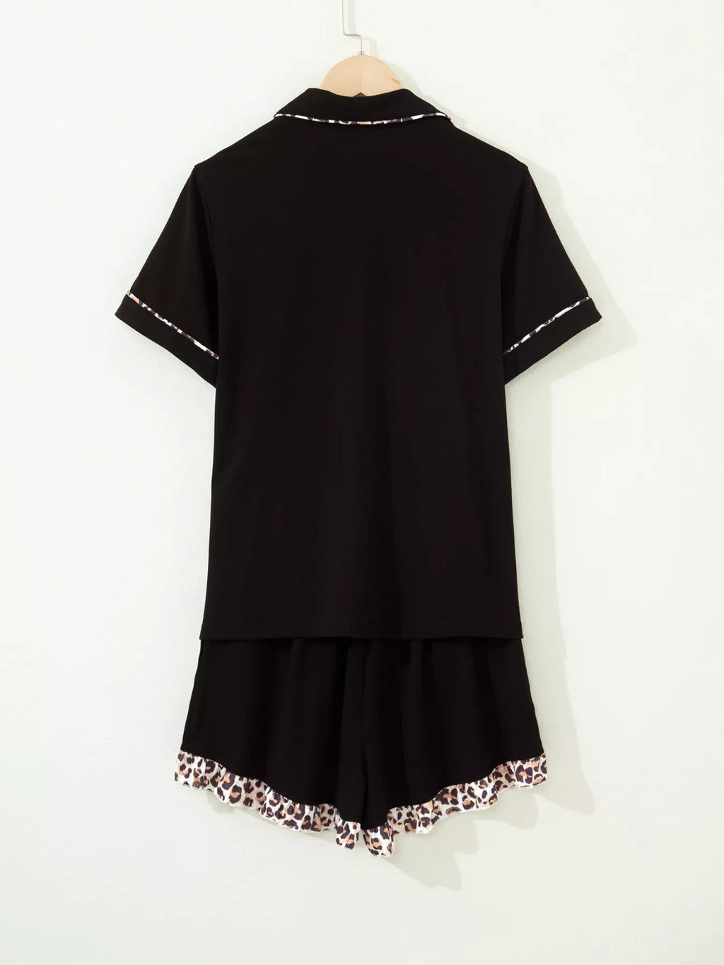 k Leopard Patchwork Trim Lapel Shirt Drawstring Shorts 2pcs product image 3