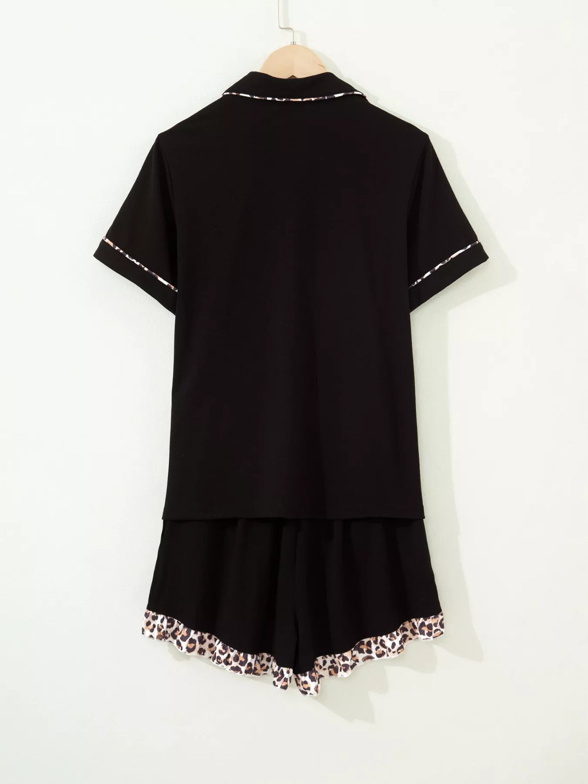 k Leopard Patchwork Trim Lapel Shirt Drawstring Shorts 2pcs product image 3
