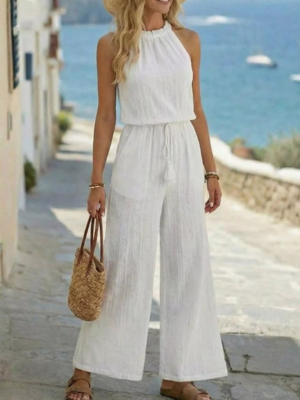 Full Size Tassel Sleeveless Wide Leg Jumpsuit