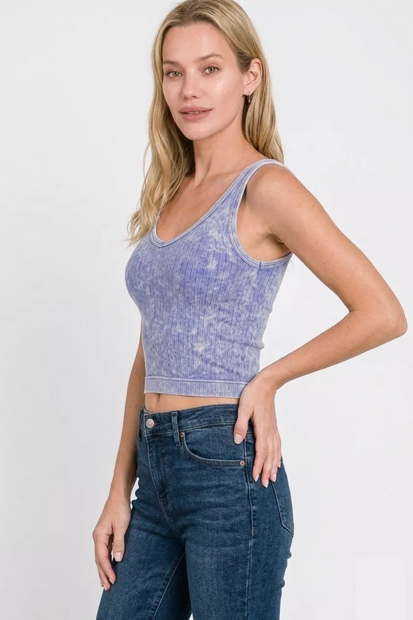 Washed Ribbed Seamless Cropped V-neck Tank Top