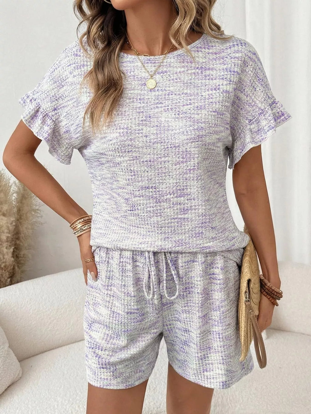 Ruffle Sleeve Textured Top and Shorts Set product image 25