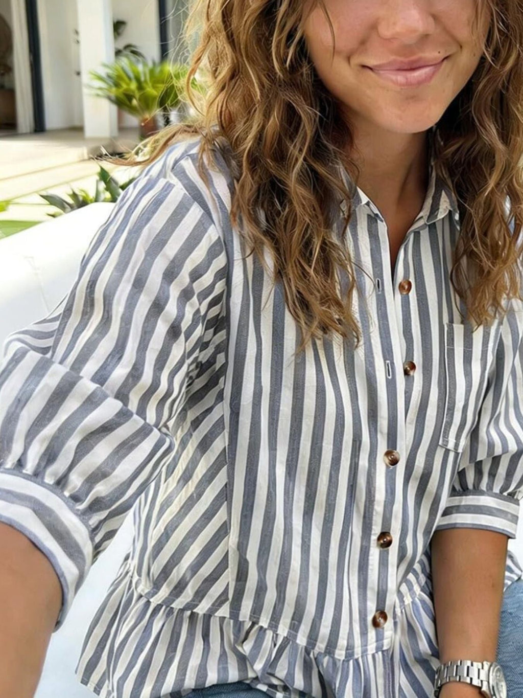 Striped Ruffle Hem Button-Down Shirt product image 11