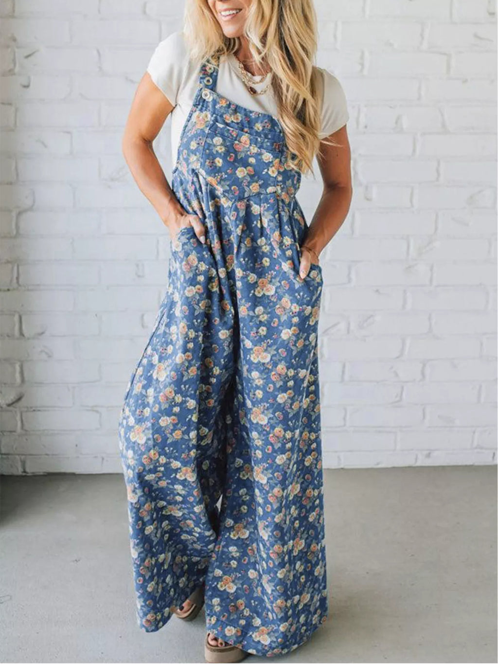Floral Print Wide Leg Denim Overalls