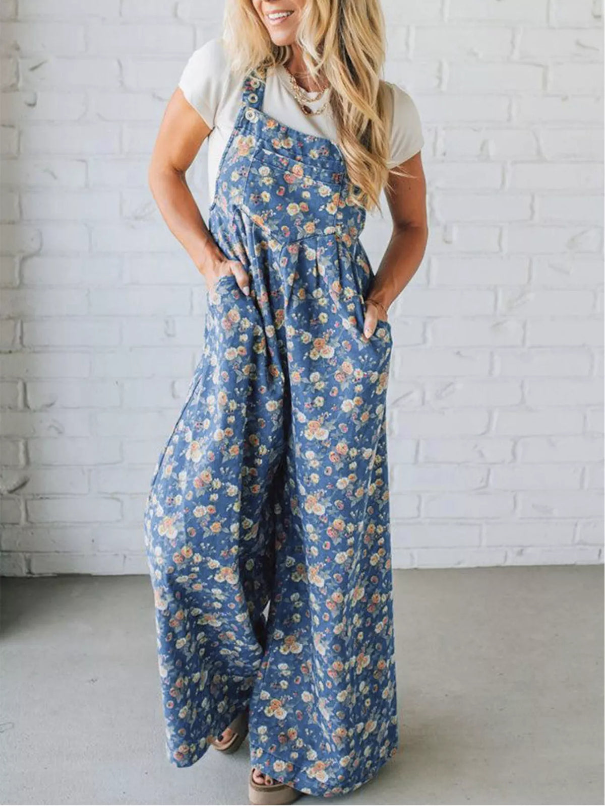Floral Print Wide Leg Denim Overalls