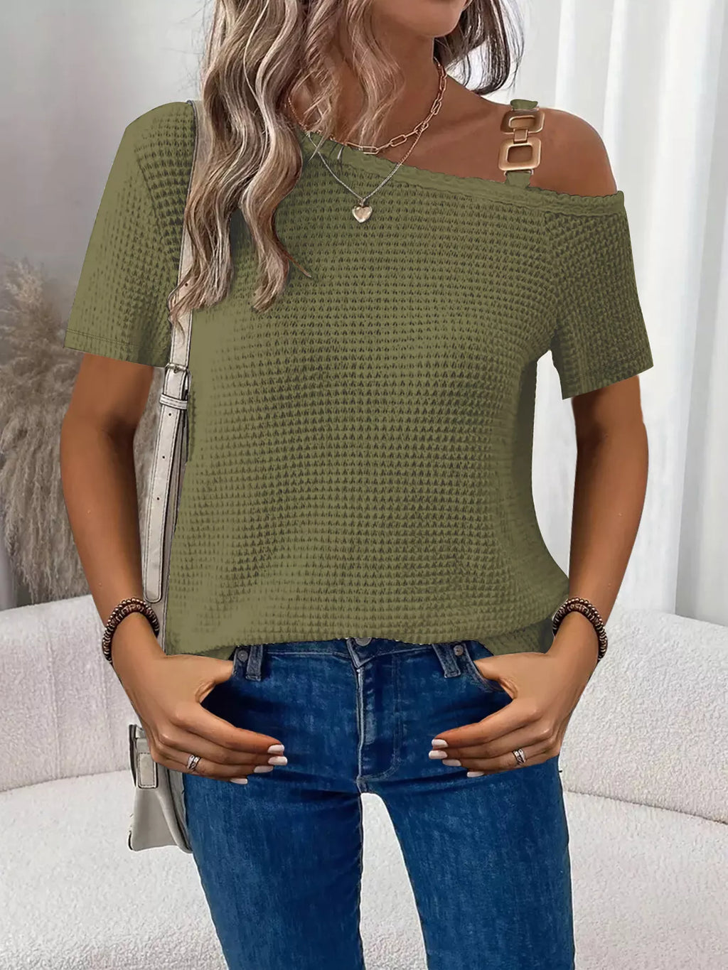 One-Shoulder Chain Detail Waffle Knit T-Shirt product image 1
