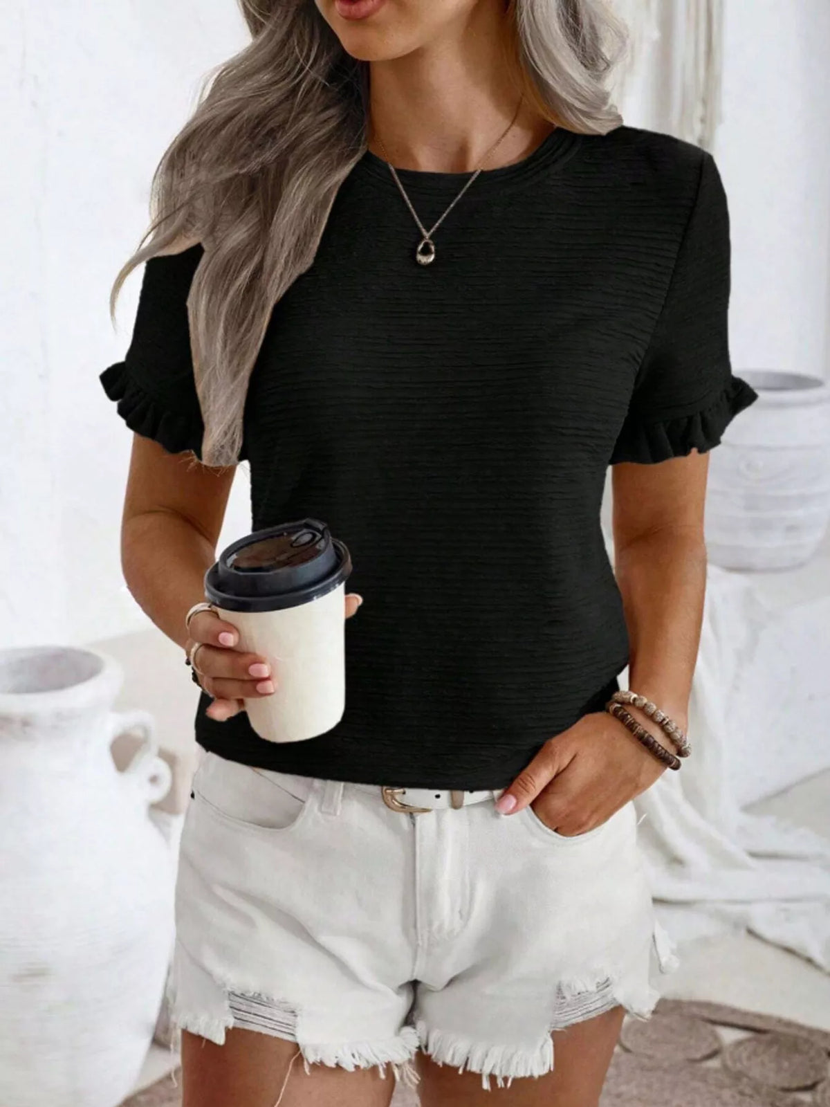 Textured Ruffle Sleeve Round Neck T-Shirt product image 23