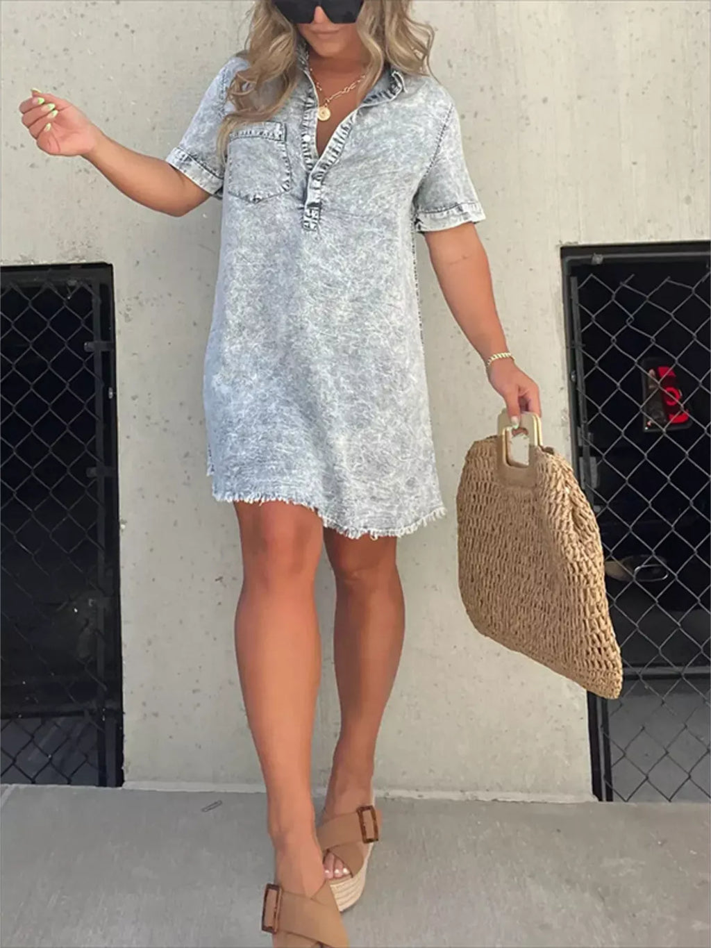 Full Size Raw Hem Short Sleeve Dress