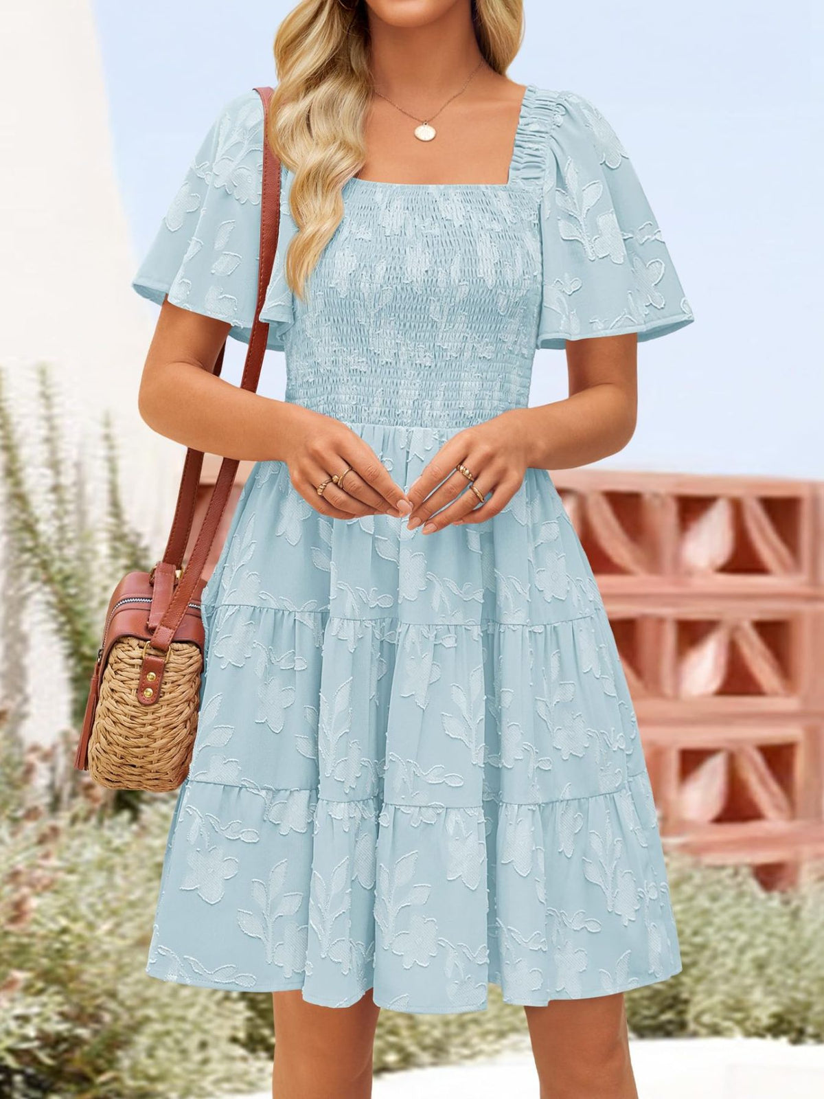 Tiered Square Neck Short Sleeve Dress