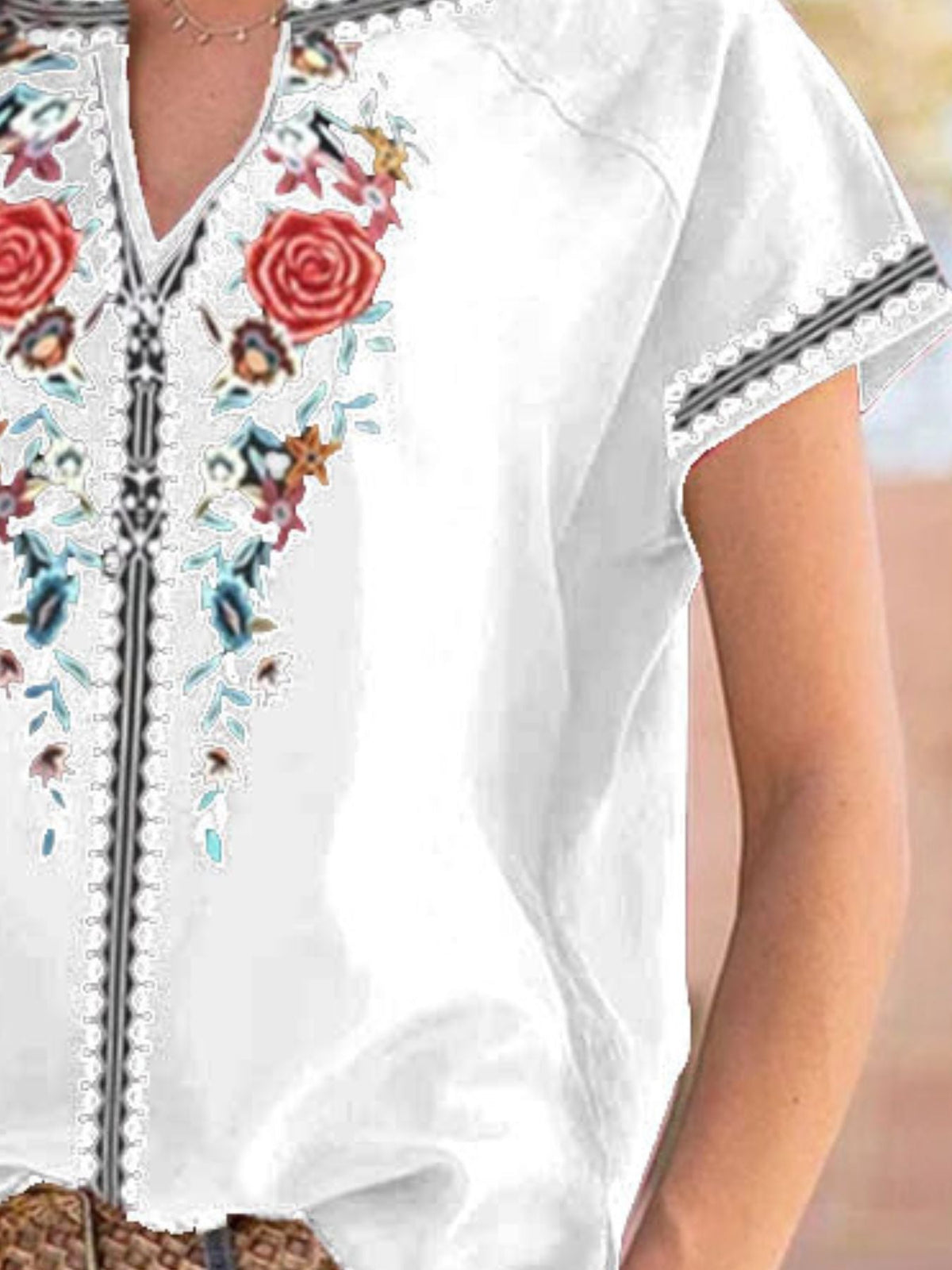 Full Size Floral Notched Short Sleeve Blouse